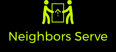 Neighbors title and logo: two stick  figures lifting a box together